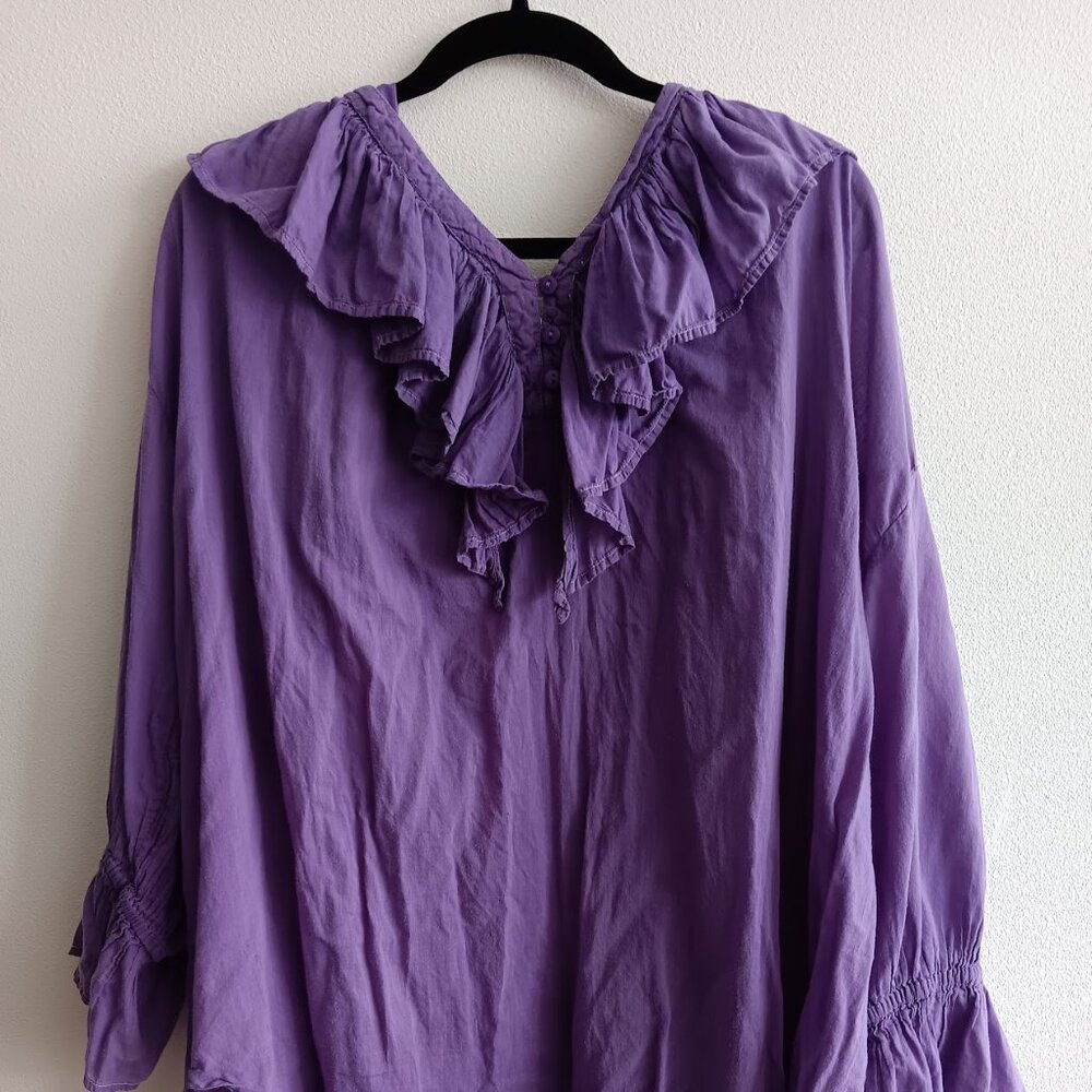 Plus Size Women's Purple Ruffled Collar Long Sleeve Shirt